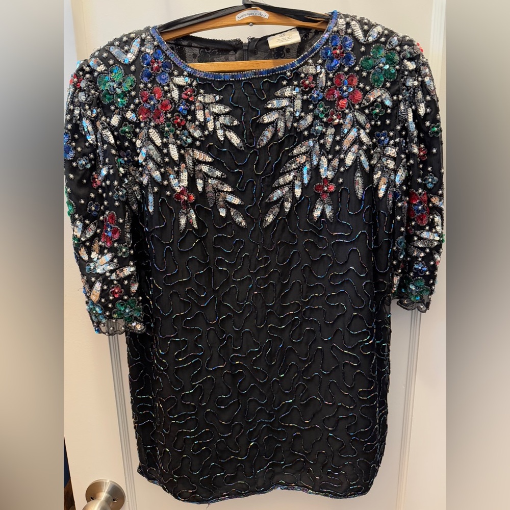Vintage Hand-Beaded 100% Silk Top Size XS Glam 80’s